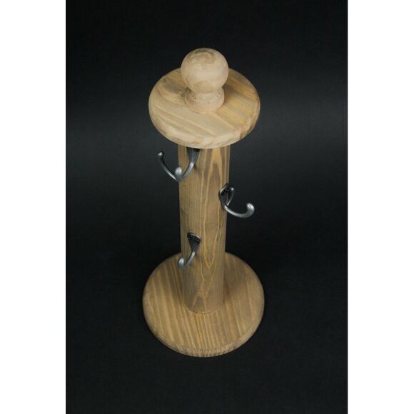 Primitive Turned Wood 6 Hook Countertop Kitchen Mug Rack Key Holder - Picture 3 of 3